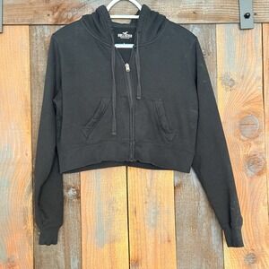 Hollister Crop Zip Up Feel Good Hoodie Women's Large Fleece Black